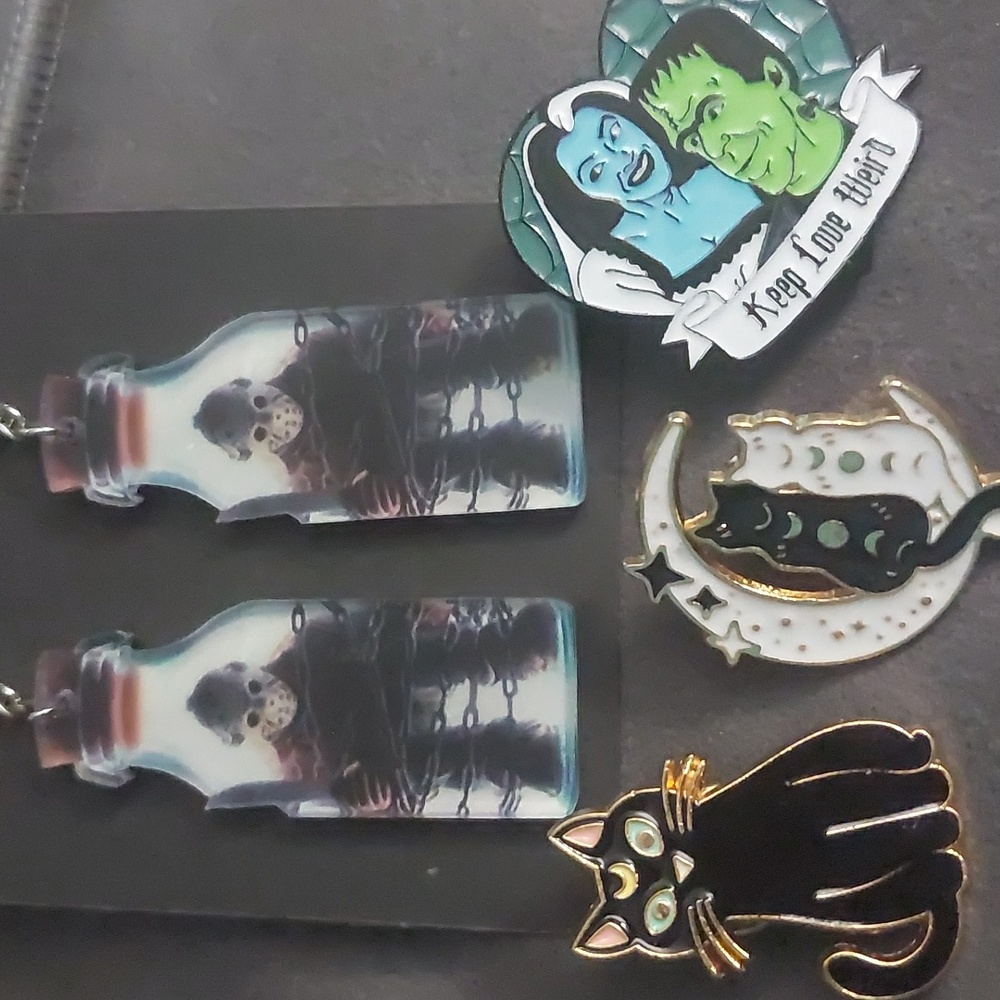 Horror Halloween Fun Jewelry Lot Jason Earrings Munsters Pin Cat Pins